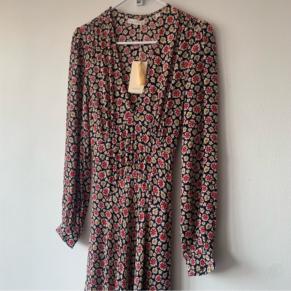 NWT Doen Charleston Deep V Neck Long Sleeve Maxi Dress Navy Bellflower Blossom - Picture 10 of 16